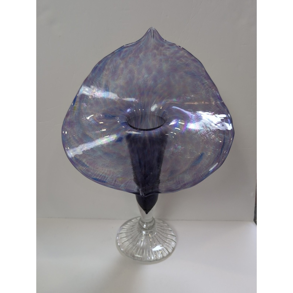 Art Glass Jack In The Pulpit 15 In Blue Purple Iridescent Vase Clear Footed Base